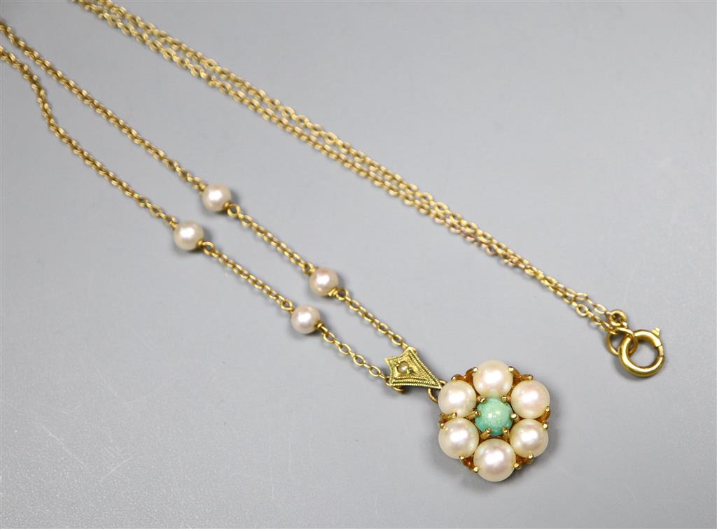 An early 20th century, yellow metal, cultured pearl and turquoise flower head cluster drop pendant necklace,